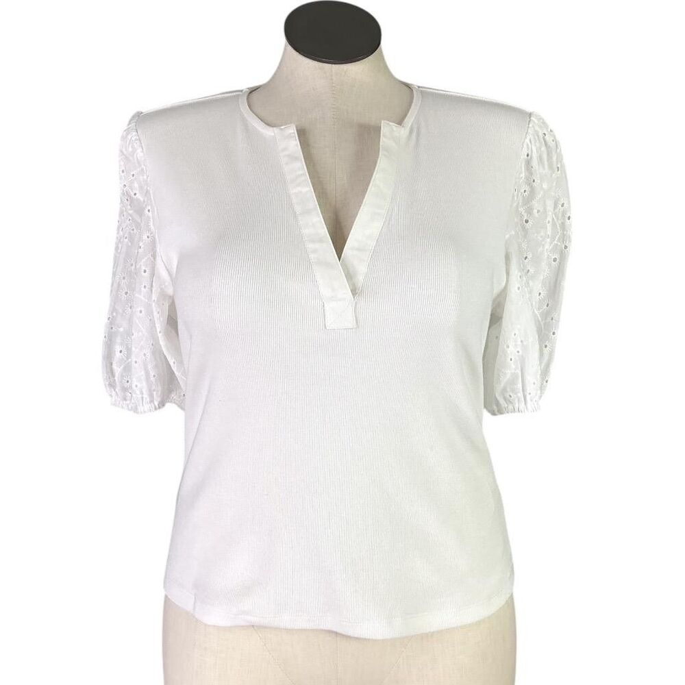 Dolan Top Womens L White Cotton Blend Eyelet Puff Sleeve V Neck Anthropologie - Picture 2 of 7
